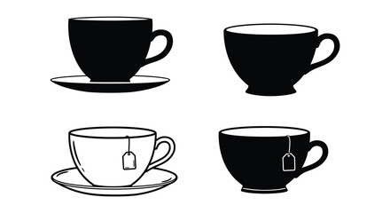 Four different tea cups with and without tea bags and saucers