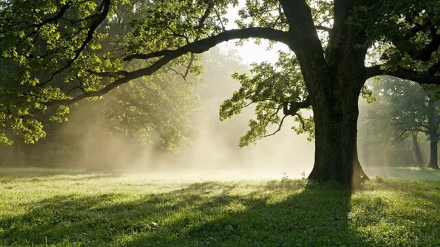 A majestic old oak tree stands gracefully in a sun-drenched, misty meadow, casting long shadows across the vibrant green grass on a tranquil morning.