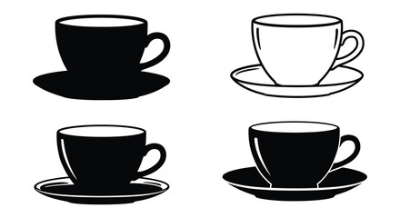 Four black and white coffee cup icons in different styles and positions