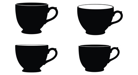 Four black coffee cup silhouettes in different orientations on white background