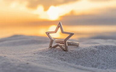 Naklejka premium Elegant star and ring on white sand with sunset glow, perfect for romantic concepts