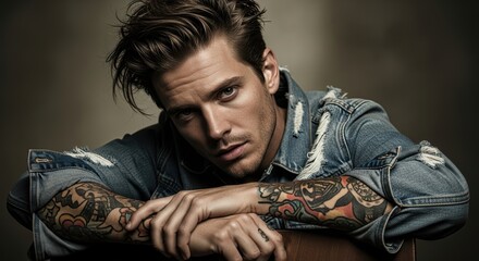 Obraz premium Young caucasian male with tattooed arms in denim jacket posing thoughtfully