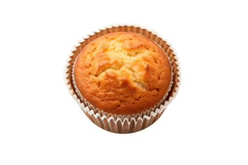 Single golden muffin in a paper liner isolated on transparent background