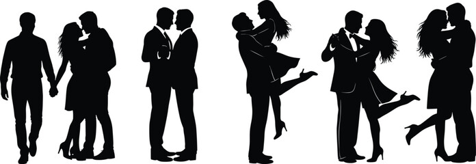 PrintSilhouette romantic couples in various affectionate poses kissing, embracing, lifting, and walking together for love, wedding, Valentine’s, and relationship themes