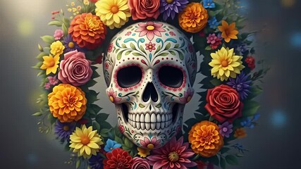 Ornate sugar skull centered within a vibrant floral wreath