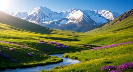 Fototapeta premium Serene Alpine Meadow with River and Snow-Capped Mountains.
