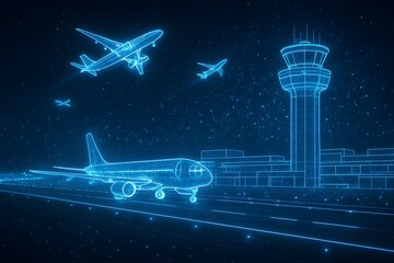 Digital rendering of an airport with planes taking off and landing near the control tower, showcasing modern aviation technology and global transportation network