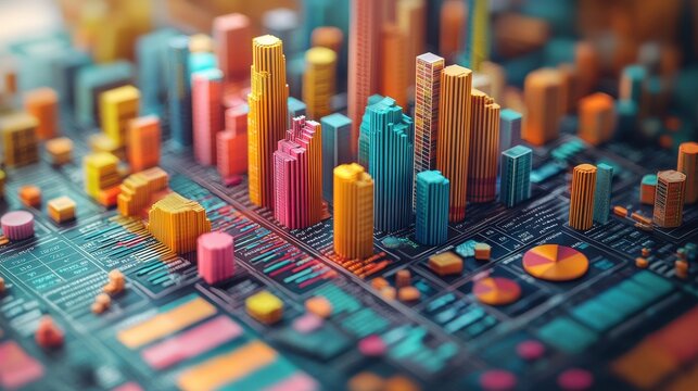 A vibrant, 3D illustration of financial analysis paperwork unfolds on a pastel backdrop, revealing a world of bar graphs and pie charts that tell a compelling financial story. The top-down perspective