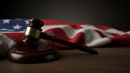 Wooden gavel placed near folded American flag symbolizing justice law and US legal system - Powered by Adobe