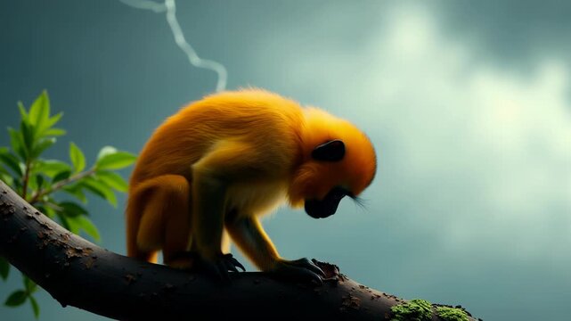 Golden snub-nosed monkey perched against a moody thunderstorm sky in its natural habitat
