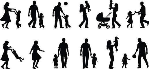 PrintSilhouette vector of family activities with parents and children playing, walking, bonding, stroller, togetherness, love, care, parenting illustration design