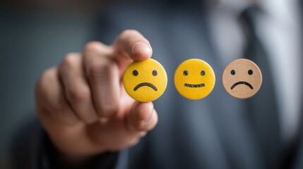 A person dressed in formal attire holds three differently marked circular tokens representing various emotions