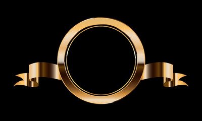 Gold round frame with golden silk ribbon vector illustration. Realistic 3d circle vintage luxury banner for memorial awards ceremony, elegant frame invitation on black background. © ArtEternal