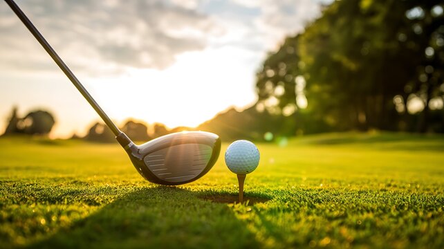 Golf driver club and ball on tee at sunset golf club