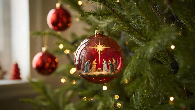 Christmas ornament with Nativity scene glowing with festive lights, creating a warm holiday atmosphere