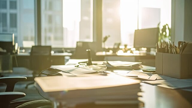 Office desk with paperwork, stationery, and computer, bright sunlight shines through windows