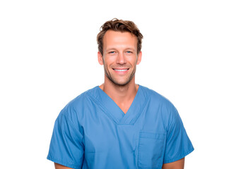 Obraz premium Smiling doctor in blue scrubs on transparent background, PNG