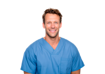 Smiling doctor in blue scrubs on transparent background, PNG