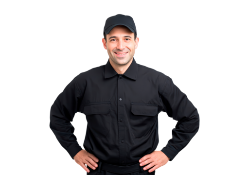 Smiling male security guard in black uniform on transparent background, PNG