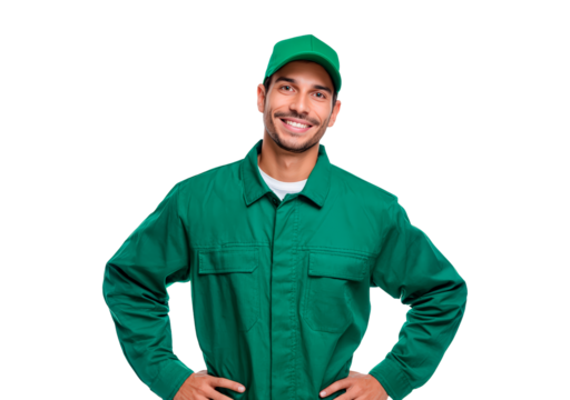 Smiling man in green uniform and cap on transparent background, PNG - Powered by Adobe