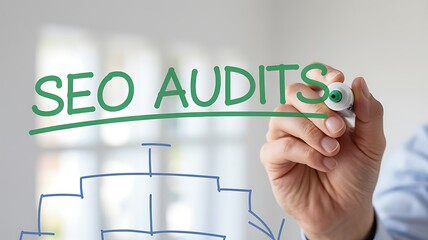 Hand writing SEO audits on glass with flowchart image