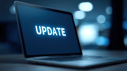 A laptop sits on a desk, showing a bright update notification. The background is softly illuminated, creating a professional yet relaxed atmosphere