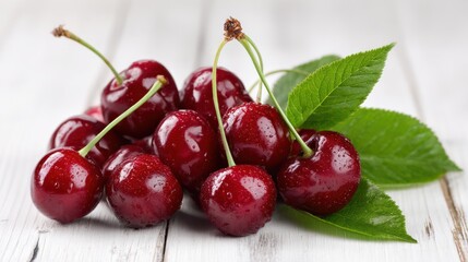 Bright red cherries with lush green leaves are placed on a rustic wooden surface, showcasing their glossy texture and freshness. Ideal for desserts or snacking
