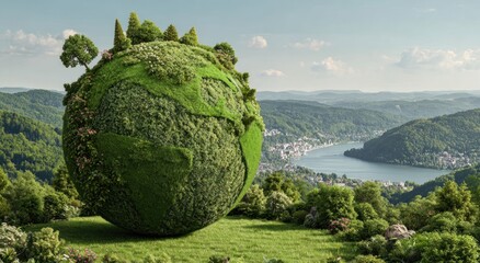 Large sphere of greenery depicting a globe.