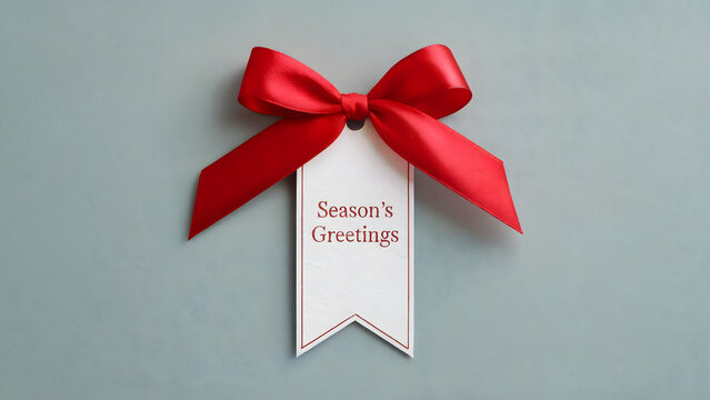 Festive red ribbon and gift tag with Season's Greetings message perfect for holiday promotions