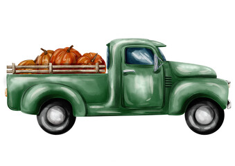Autumn watercolor isolated illustration of Retro vintage green truck with pumpkins on transparent background 