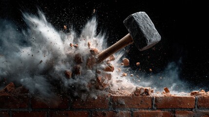 A sturdy mallet strikes a brick wall, sending debris and dust flying in a powerful explosion of materials. The impact creates a dramatic visual effect, highlighting strength