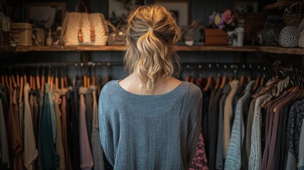 Woman looking at a rack of clothes in a clothing store