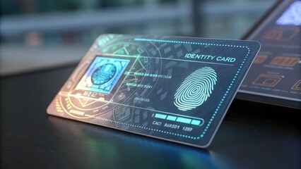 zero trust security Futuristic identification card with holographic features on a sleek surface.