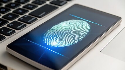 zero trust security Smartphone displaying a fingerprint scanner on a laptop keyboard.