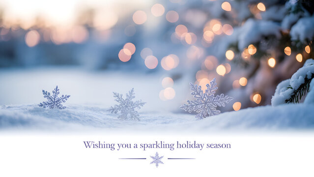 Sparkling snowflakes on snowy landscape with soft bokeh lights, holiday season greetings