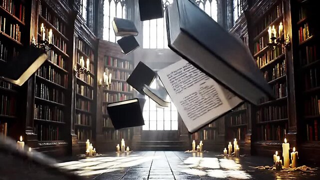 Magical library scene with books floating in the air and candles illuminating the grand hall.