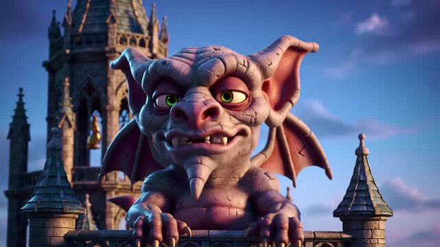 A detailed close-up view of a grey and purple gargoyle statue with green eyes perched on a gothic building.