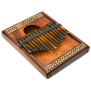 Wooden mbira thumb piano with metal tines isolated on a transparent background