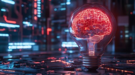 Obraz premium Artificial intelligence and innovation concept with illuminated brain inside light bulb over circuit board.