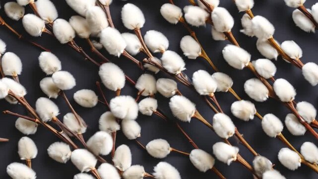 Fluffy white pussy willows on dark background