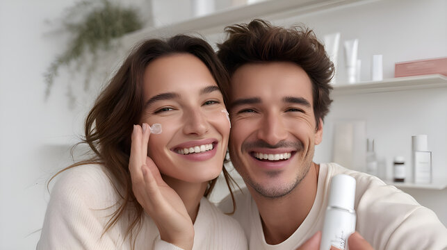 Happy couple applying moisturizer on face together in bathroom - Powered by Adobe