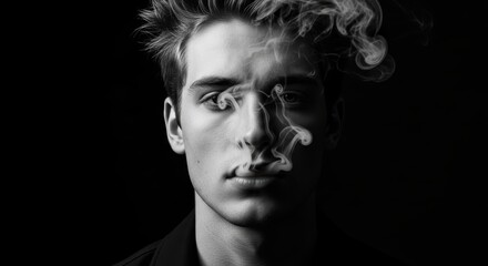 Young caucasian male exhaling smoke in dramatic lighting