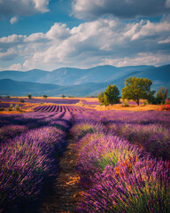 Lavender Fields Under Blue Skies with Majestic Mountain Backdrop