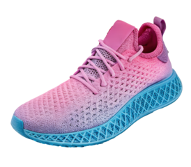 air of 3D-printed sneakers in bright gradient pink-to-blue hues, soles with honeycomb lattice pattern exposed underneath, isolated on transparent background. PNG