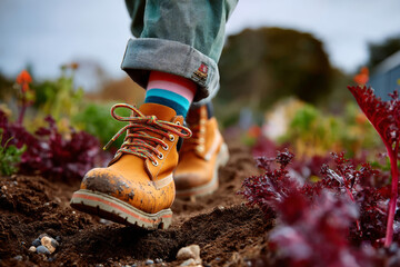 Child walking in muddy vegetable garden wearing colorful socks and boots