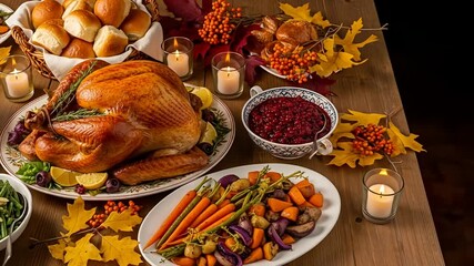 Thanksgiving feast laid out with roasted turkey, sides, and candles on a wooden table