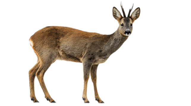 Young deer with small antlers standing in winter snow against white background