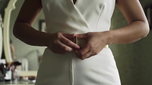 A torso shot of a person in a white jumpsuit adjusting a gold, ridged belt. Natural lighting, indoor setting, neutral background