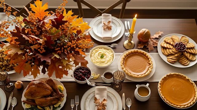 Thanksgiving feast roasted turkey, mashed potatoes, pie, and fall leaves on table