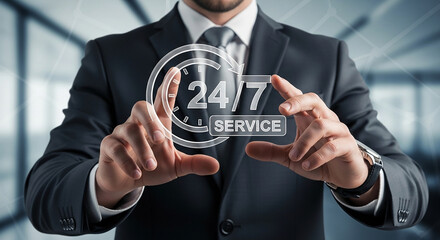 Businessman touching 24-7 service icon with dollar signs, symbolizing nonstop business operation, online service, passive income and financial technology in modern economy